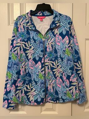 Lilly Pulitzer Leona Round Hem Zip Up Sweatshirt Tall Me About It Size Large
